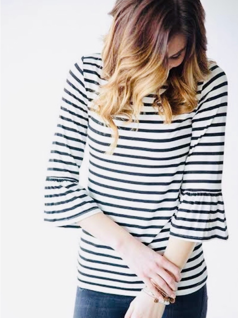 J. Crew Parisian-style Blue and White Striped Bell-Sleeve Top - Sz Large!